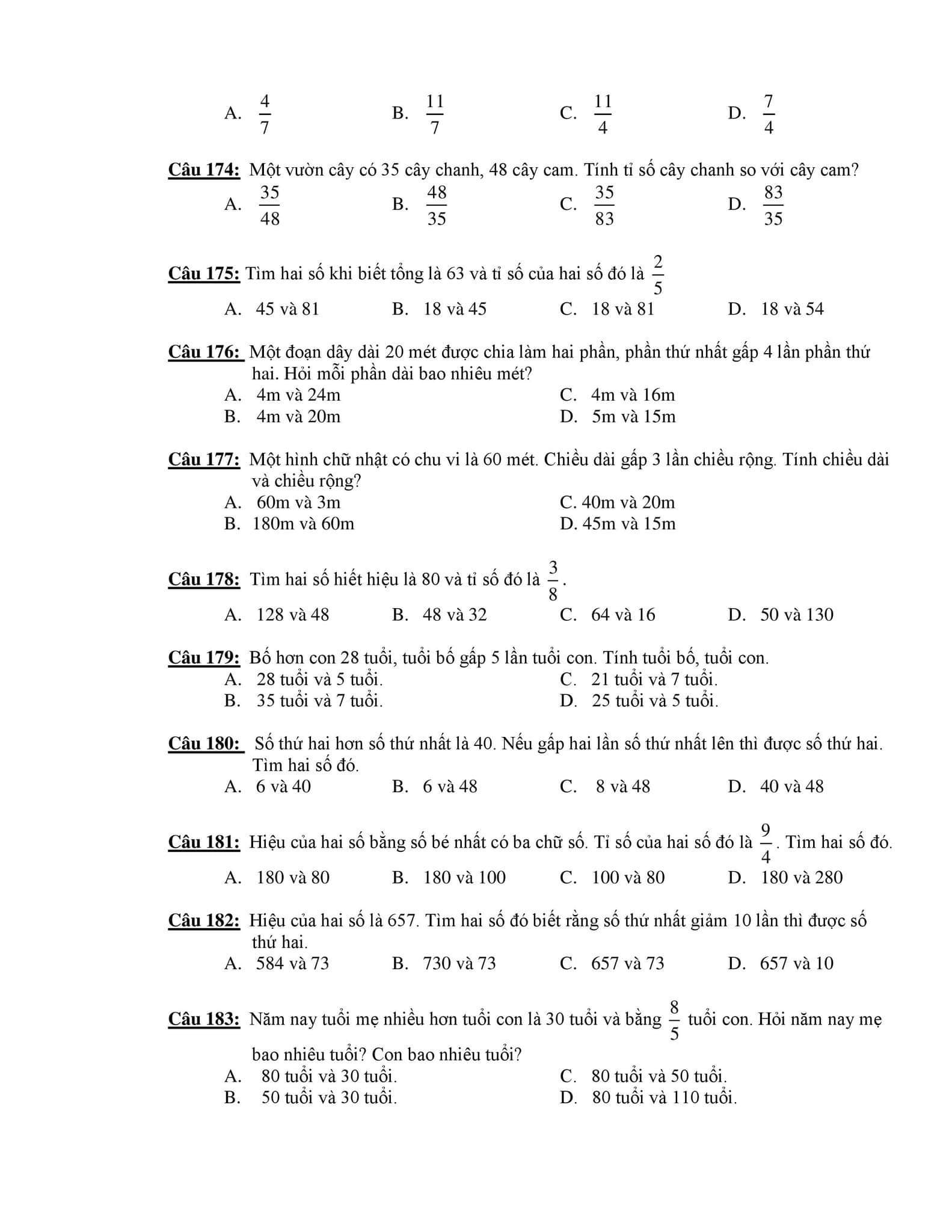 210 câu trắc nghiệm Toán lớp 4
