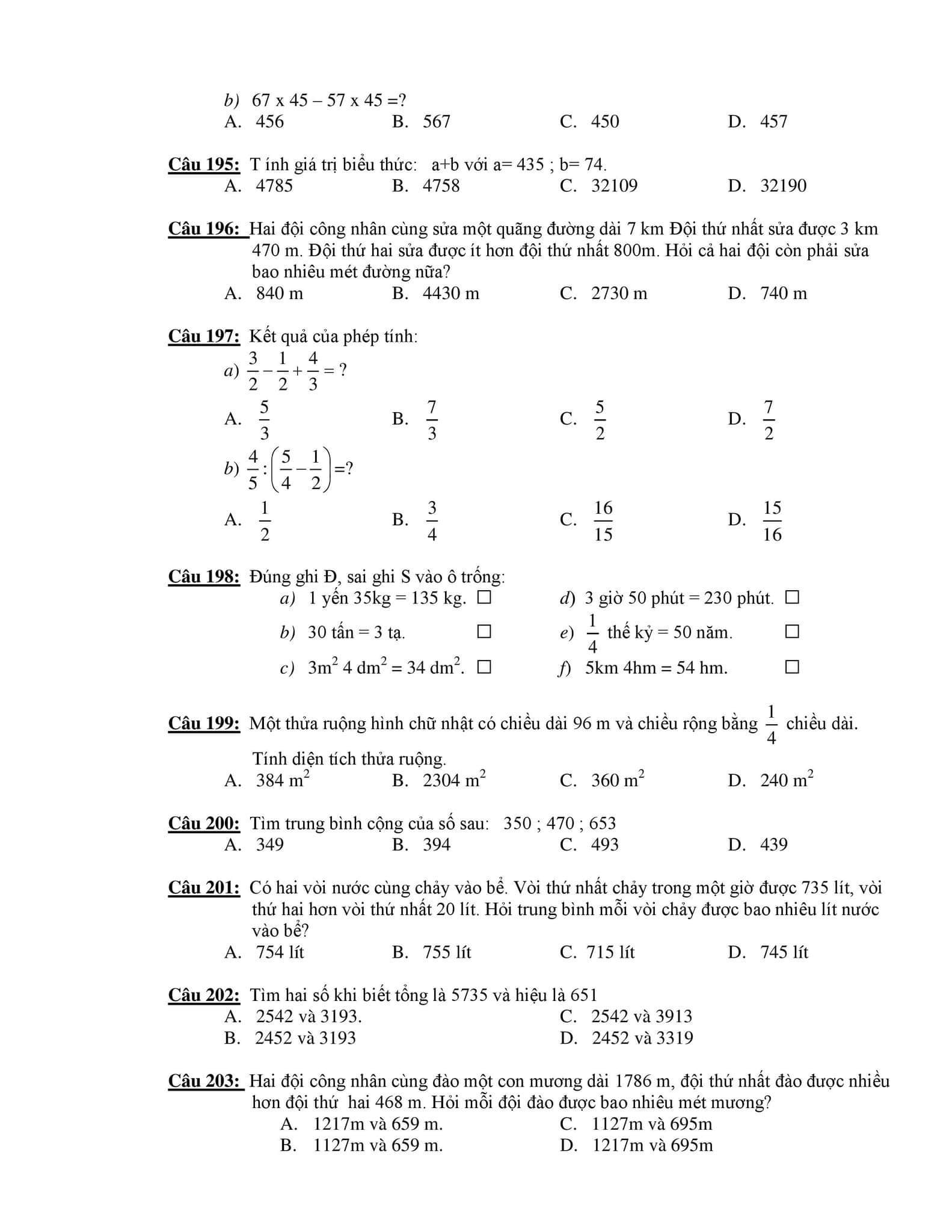 210 câu trắc nghiệm Toán lớp 4