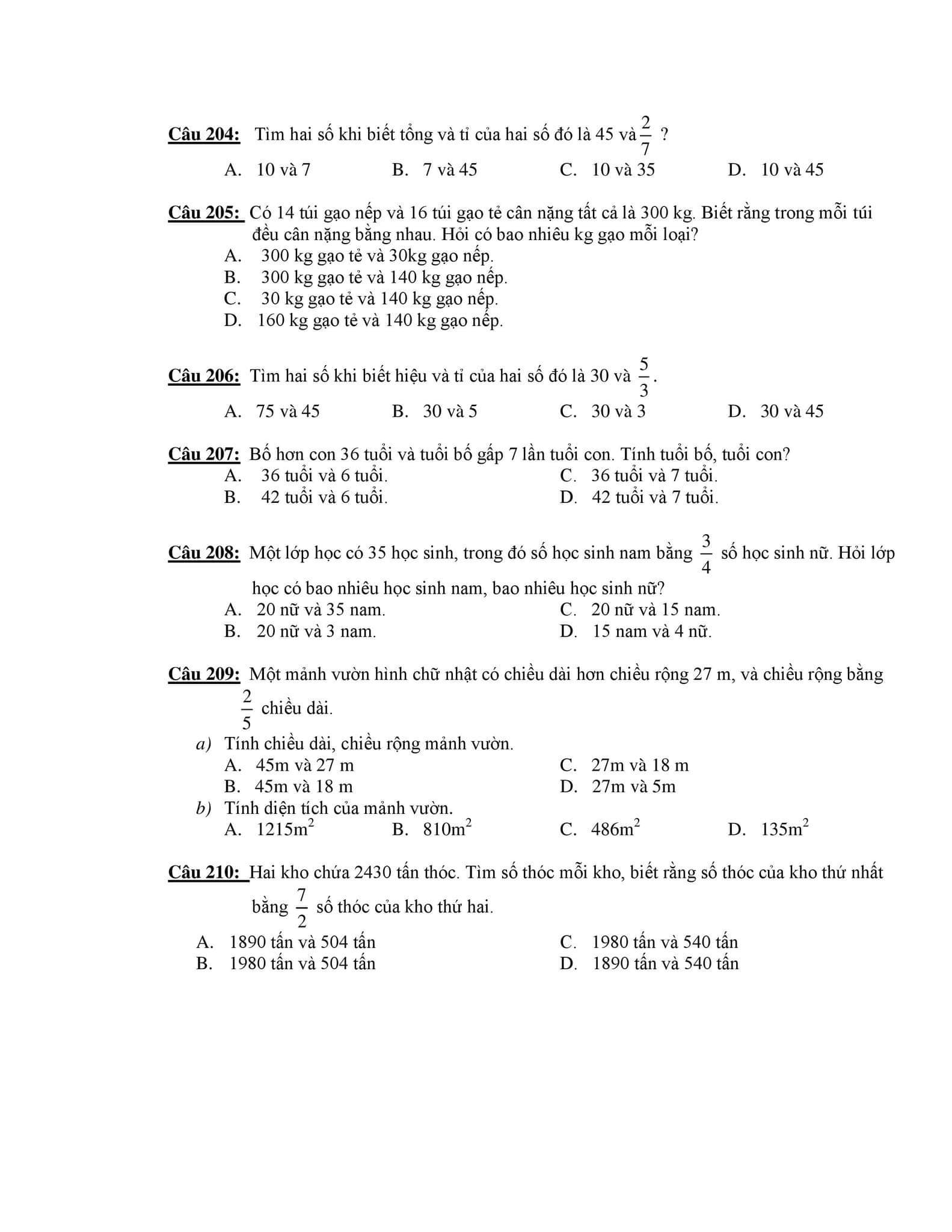 210 câu trắc nghiệm Toán lớp 4