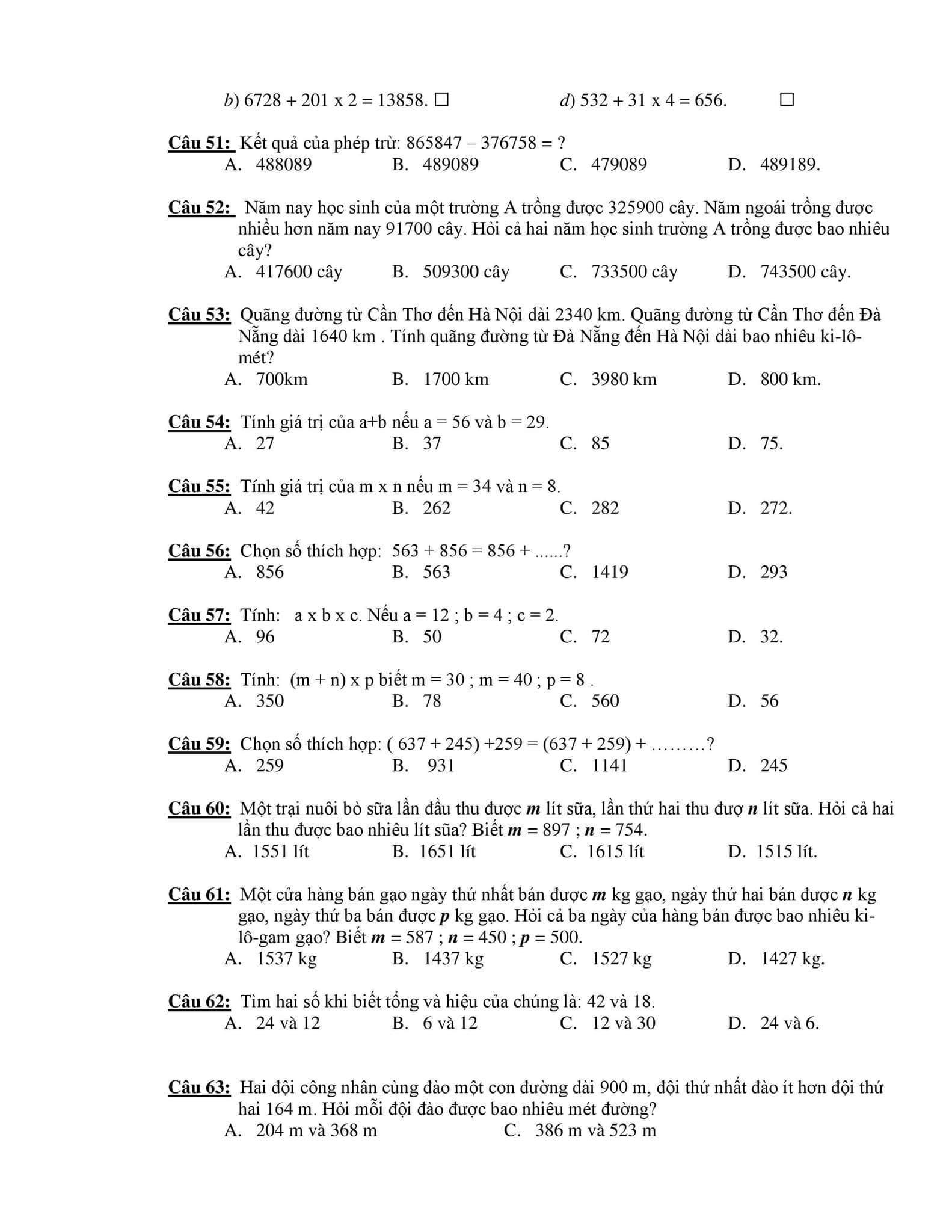 210 câu trắc nghiệm Toán lớp 4