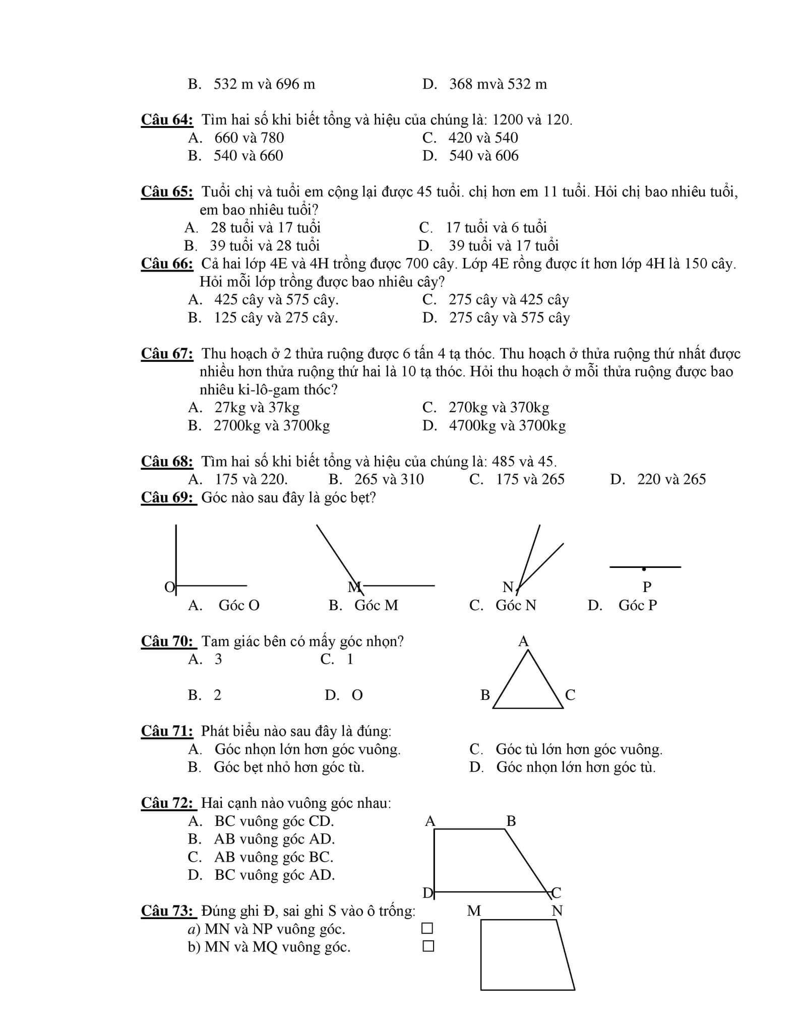 210 câu trắc nghiệm Toán lớp 4