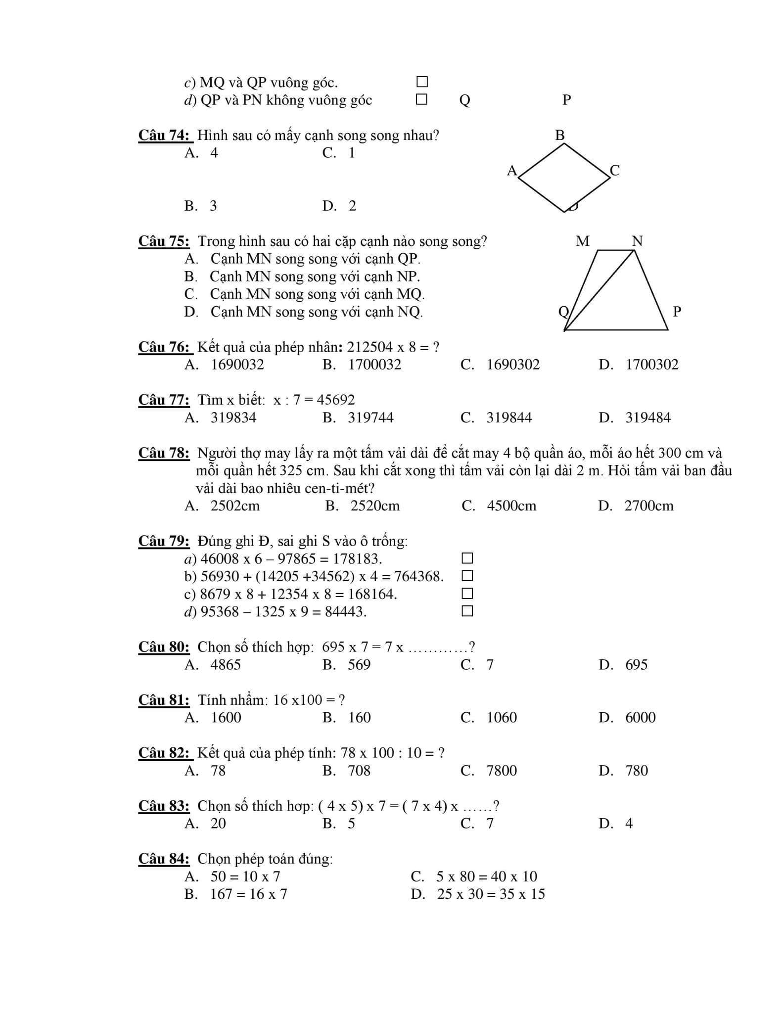 210 câu trắc nghiệm Toán lớp 4