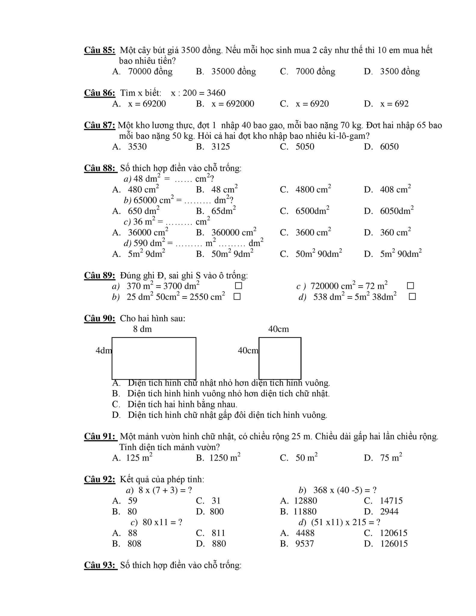 210 câu trắc nghiệm Toán lớp 4