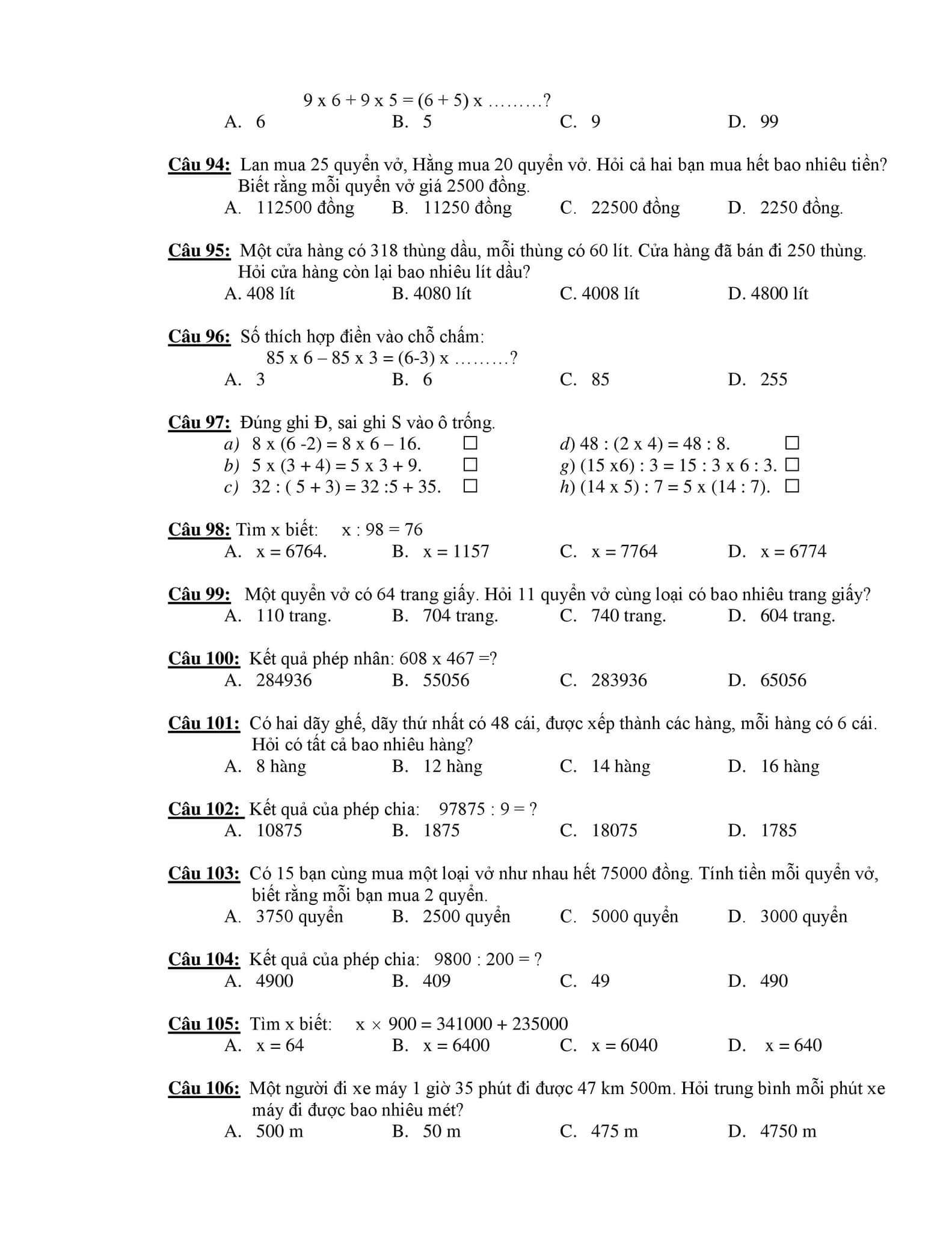210 câu trắc nghiệm Toán lớp 4