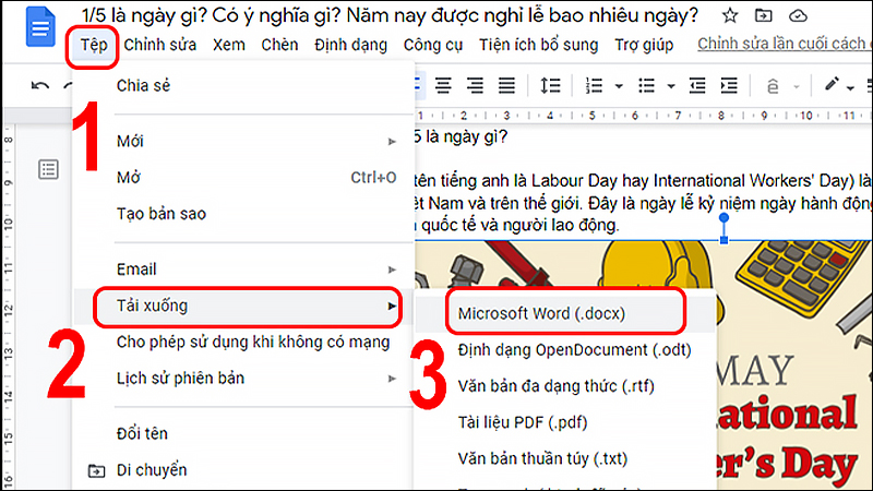 Vào mục Tệp, sau đó chọn Tải xuống, chọn Microsoft Word (.docx) 6 cách tải ảnh từ Google Docs về máy tính siêu đơn giản