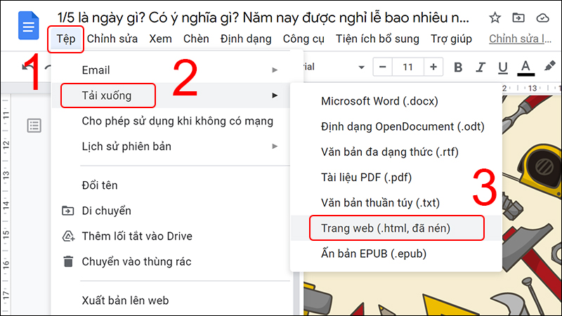 Chọn Trang web (.html, đã nén) để tải xuống 6 cách tải ảnh từ Google Docs về máy tính siêu đơn giản