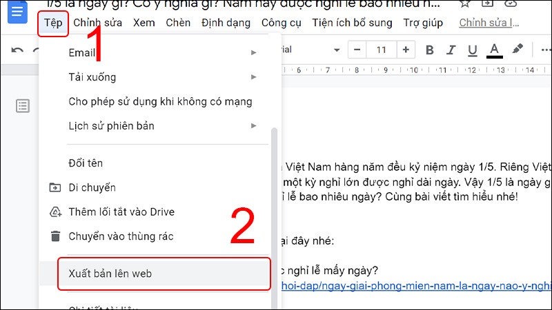 Chọn vào Tệp sau đó chọn Xuấn bản lên web 6 cách tải ảnh từ Google Docs về máy tính siêu đơn giản