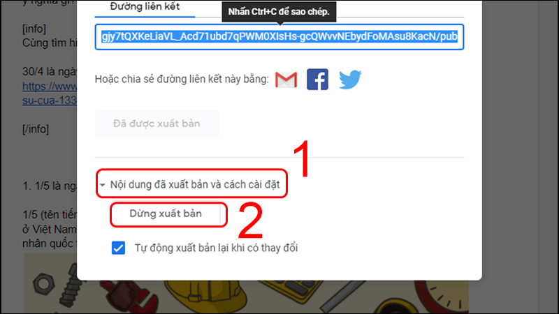 Chọn vào Nội dung đã xuất bản và cách cài đặt, chọn Dừng xuất bản 6 cách tải ảnh từ Google Docs về máy tính siêu đơn giản