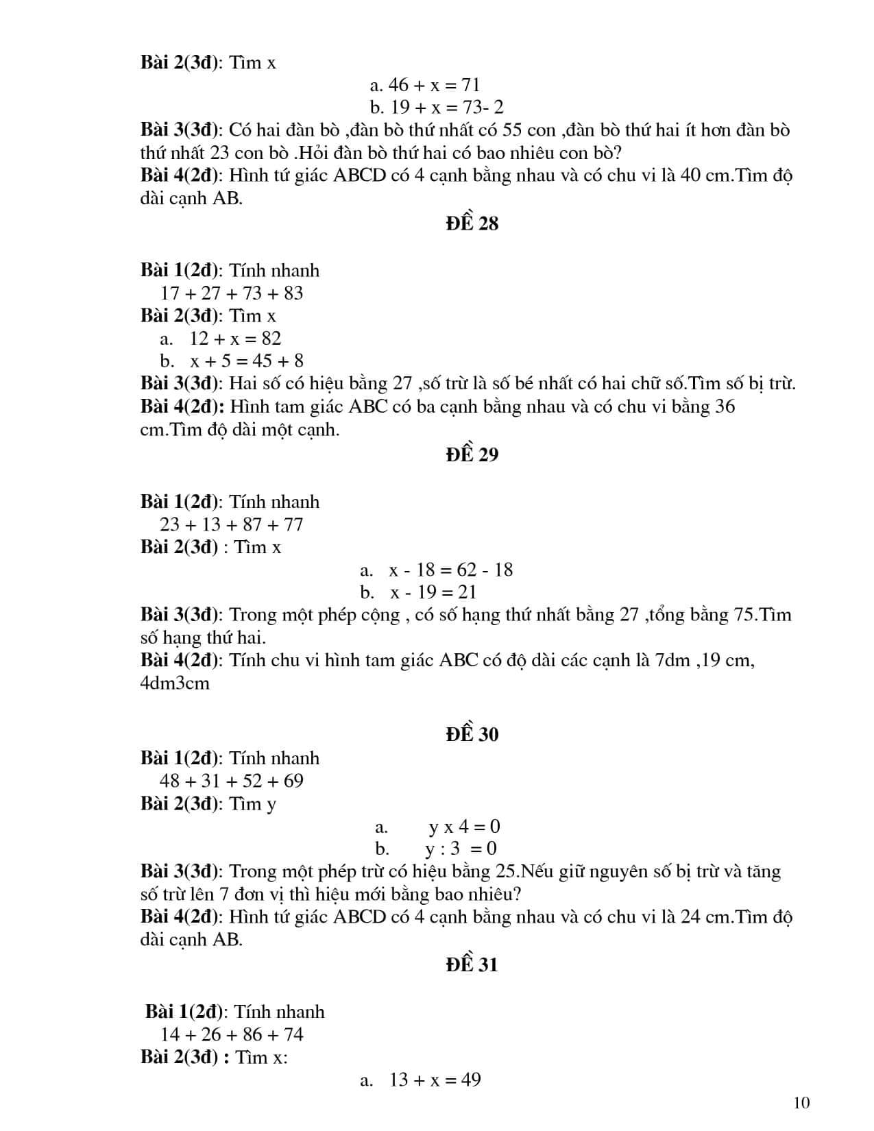 Đề tự luyện môn Toán lớp 2