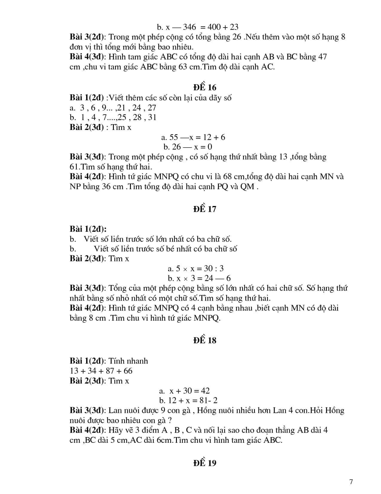 Đề tự luyện môn Toán lớp 2