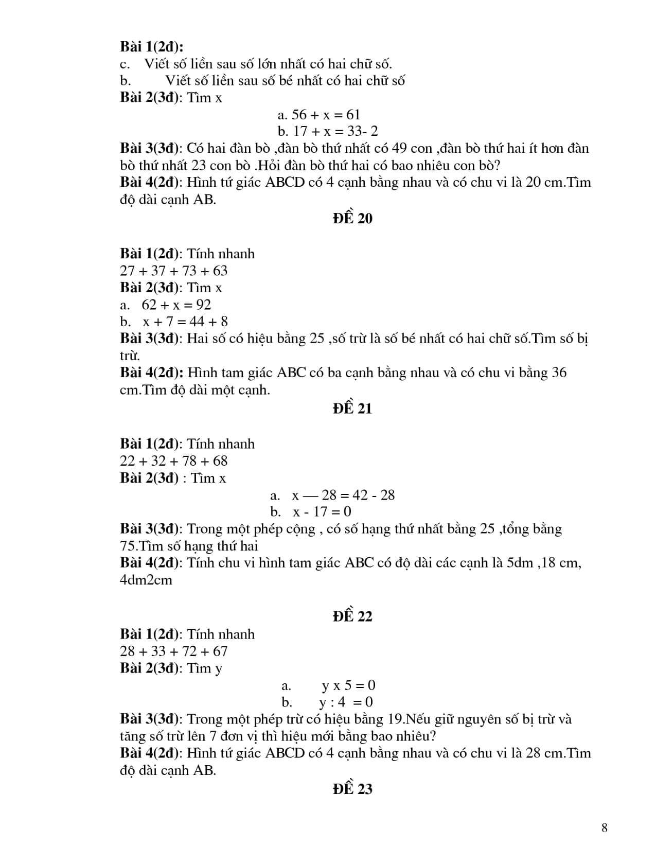 Đề tự luyện môn Toán lớp 2
