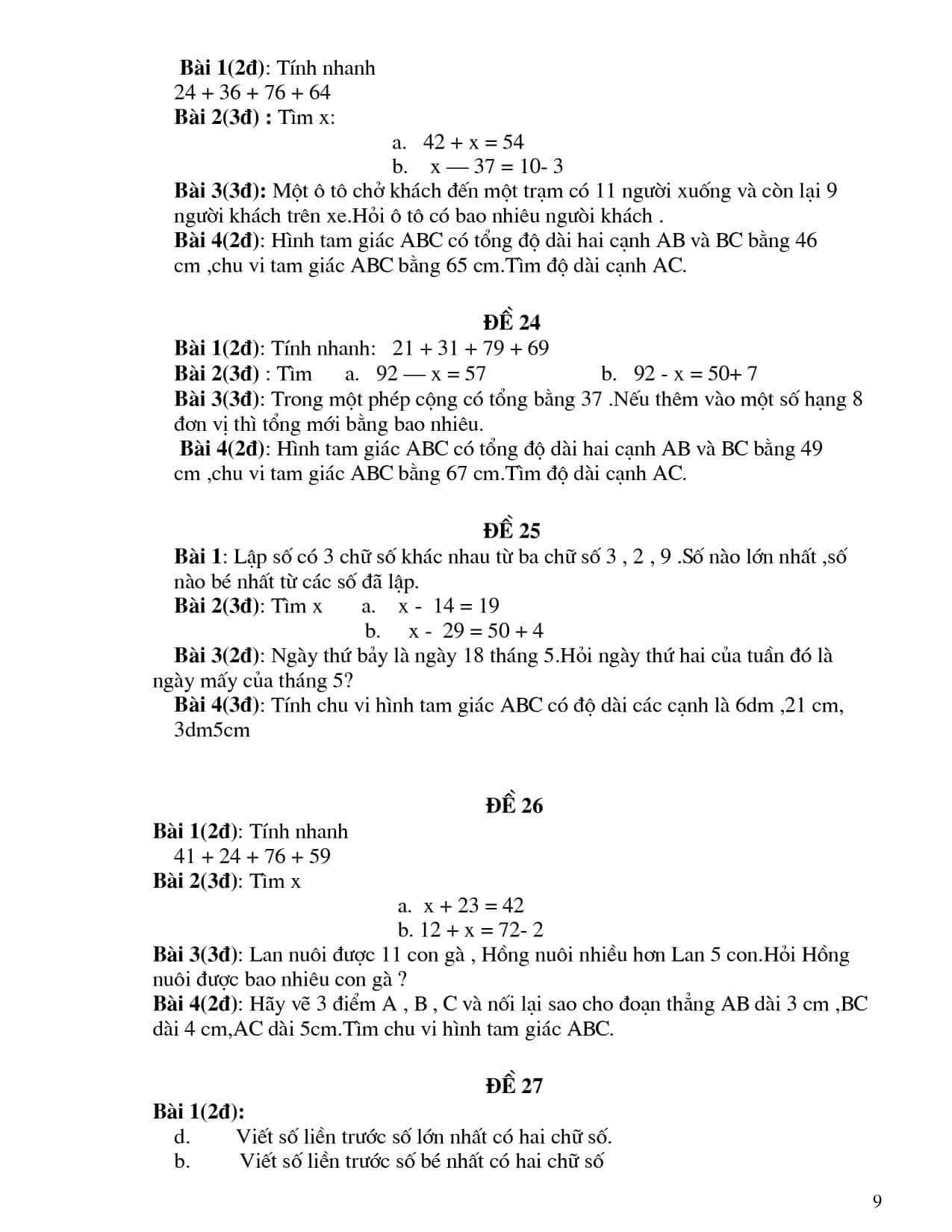 Đề tự luyện môn Toán lớp 2
