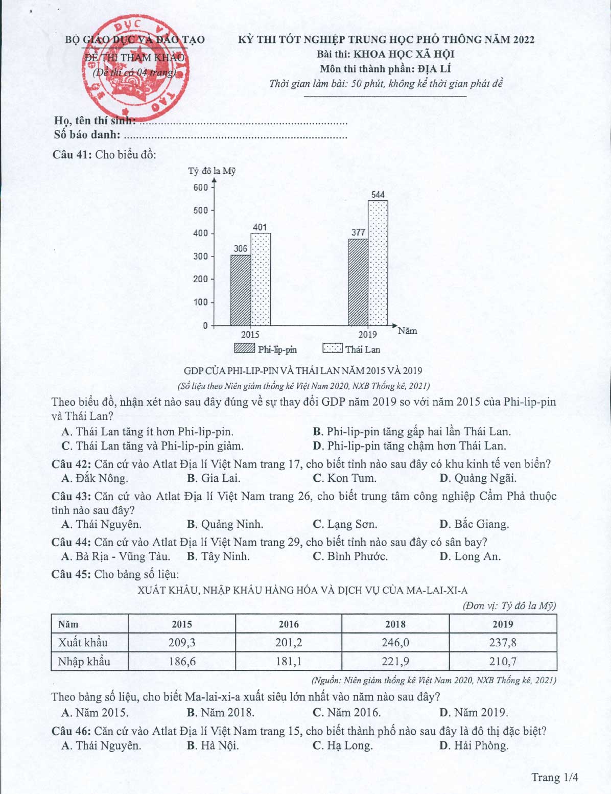 Đề minh họa 2022 môn Địa lý
