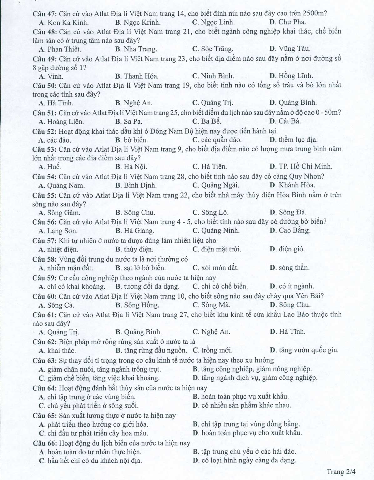 Đề minh họa 2022 môn Địa lý