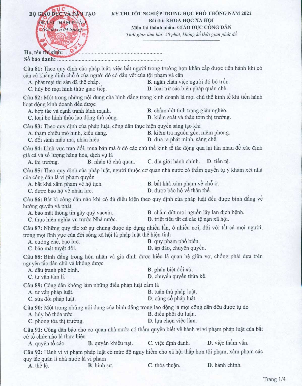 Đề minh họa 2022 môn GDCD