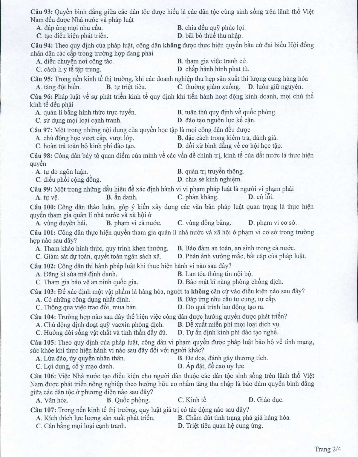 Đề minh họa 2022 môn GDCD