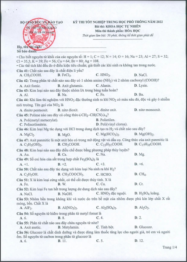 Đề minh họa 2022 môn Hóa học