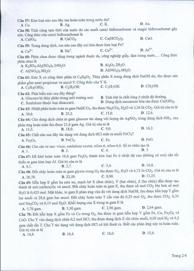 Đề minh họa 2022 môn Hóa học
