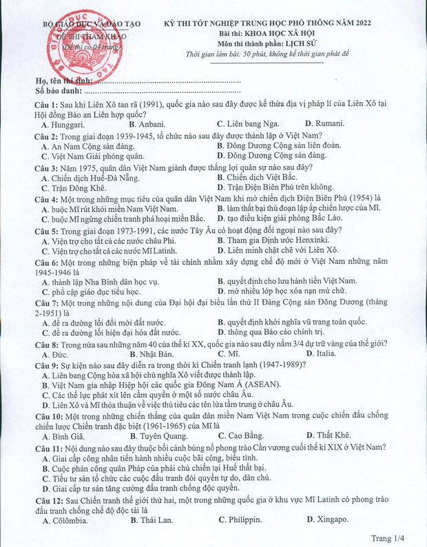 Đề minh họa 2022 môn Lịch sử