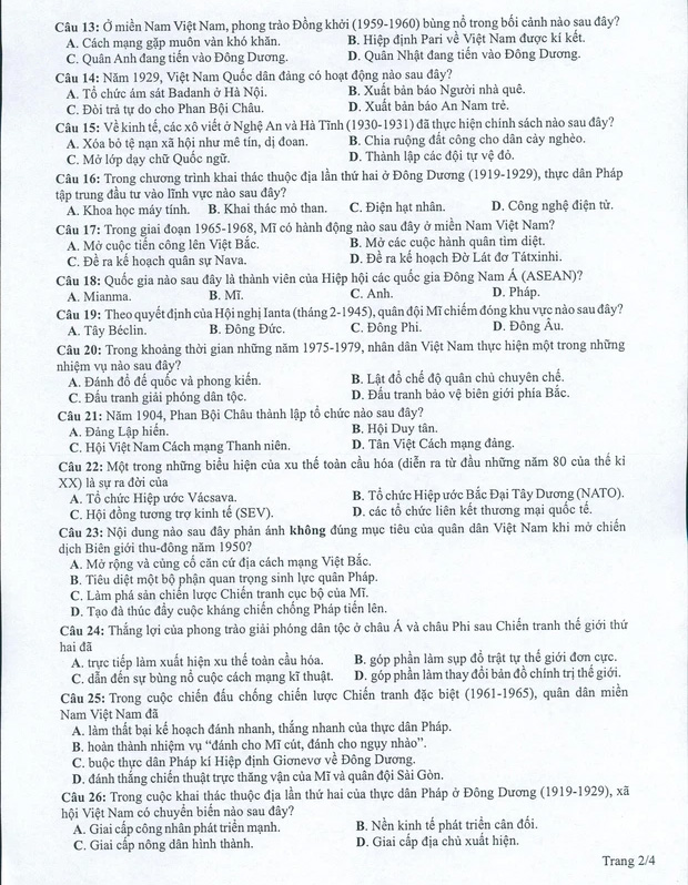 Đề minh họa 2022 môn Lịch sử
