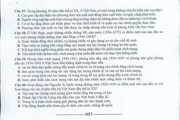 Đề minh họa 2022 môn Lịch sử