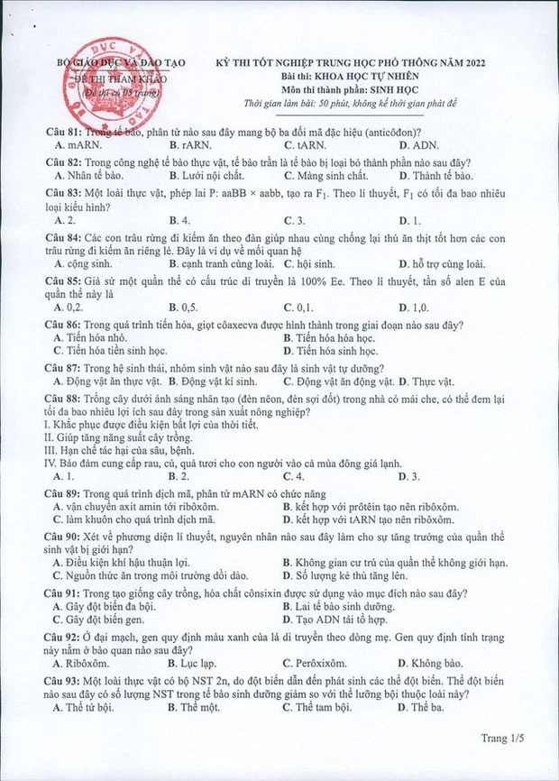 Đề minh họa 2022 môn Sinh học