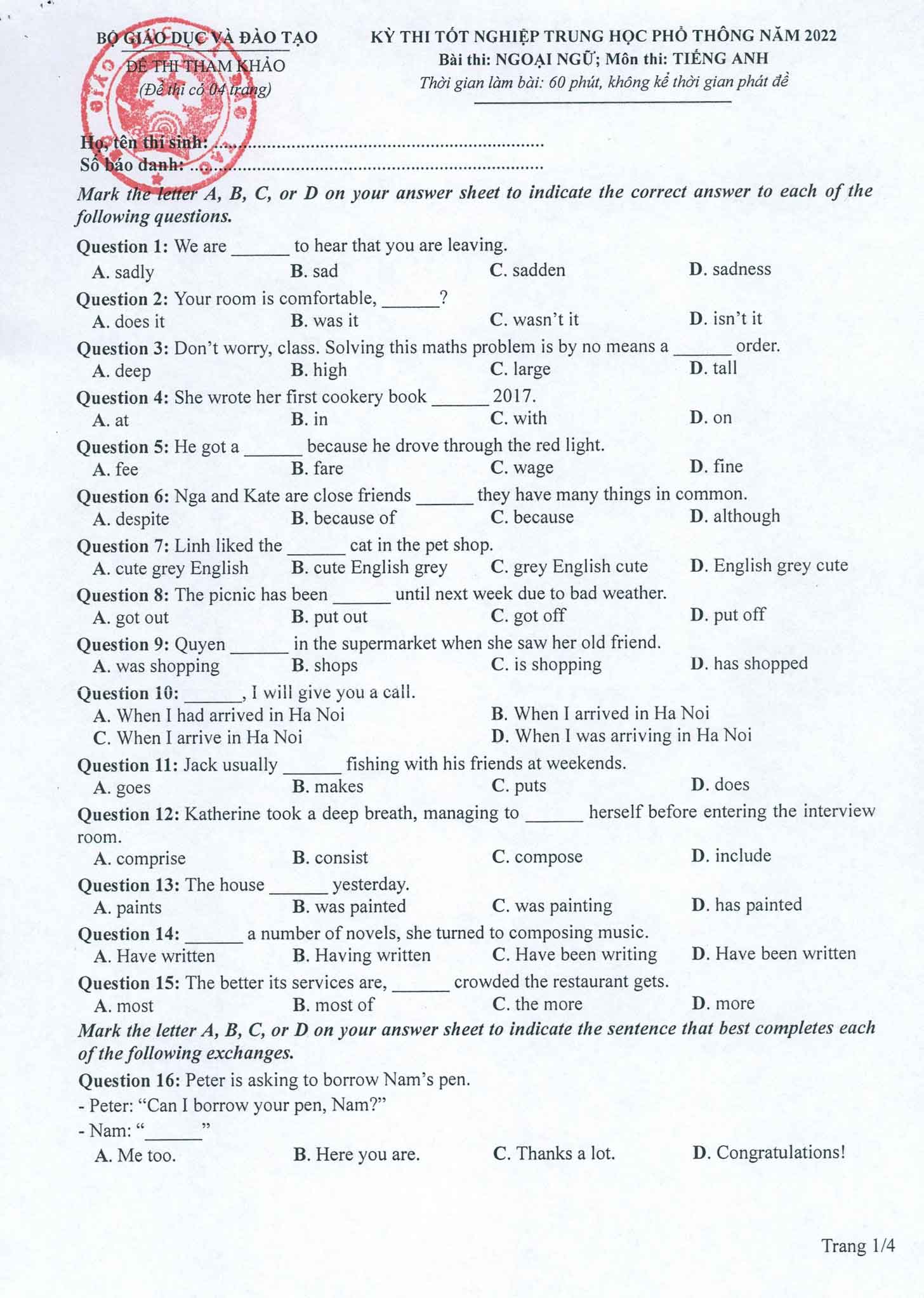 Đề minh họa 2022 môn Tiếng Anh