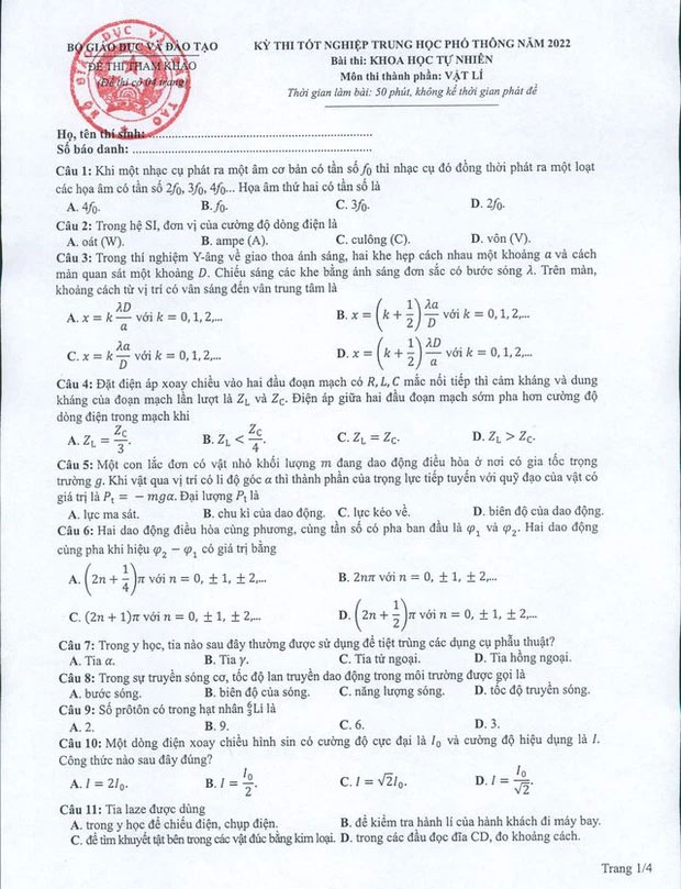 Đề minh họa 2022 môn Vật lý