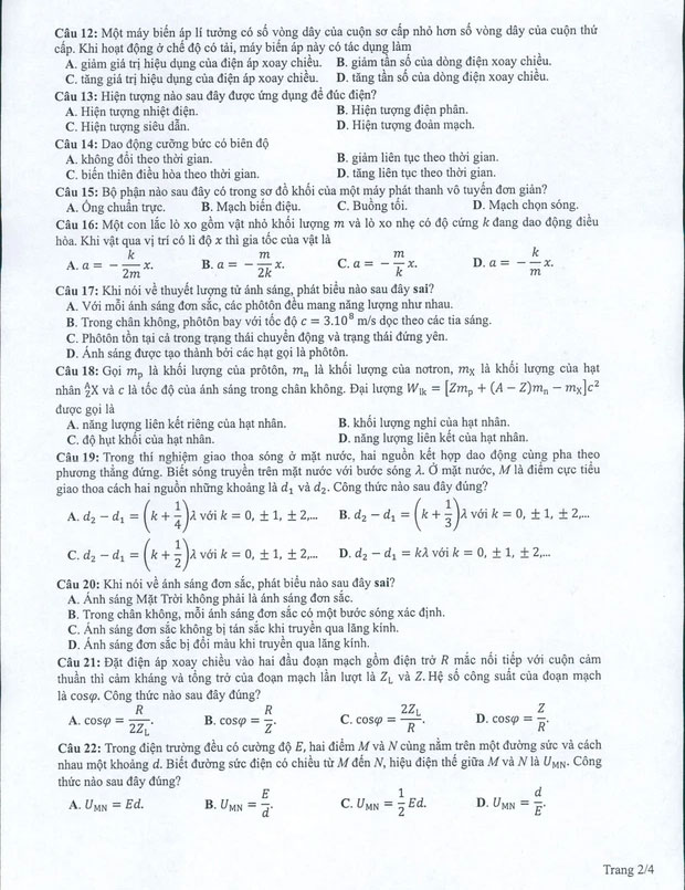 đáp án đề minh hoạ 2022