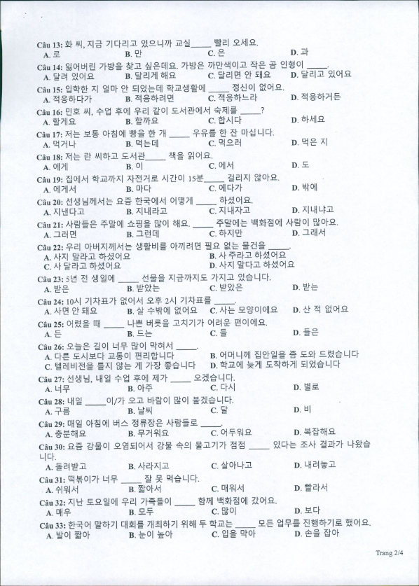 Đề minh họa 2022 môn Tiếng Hàn