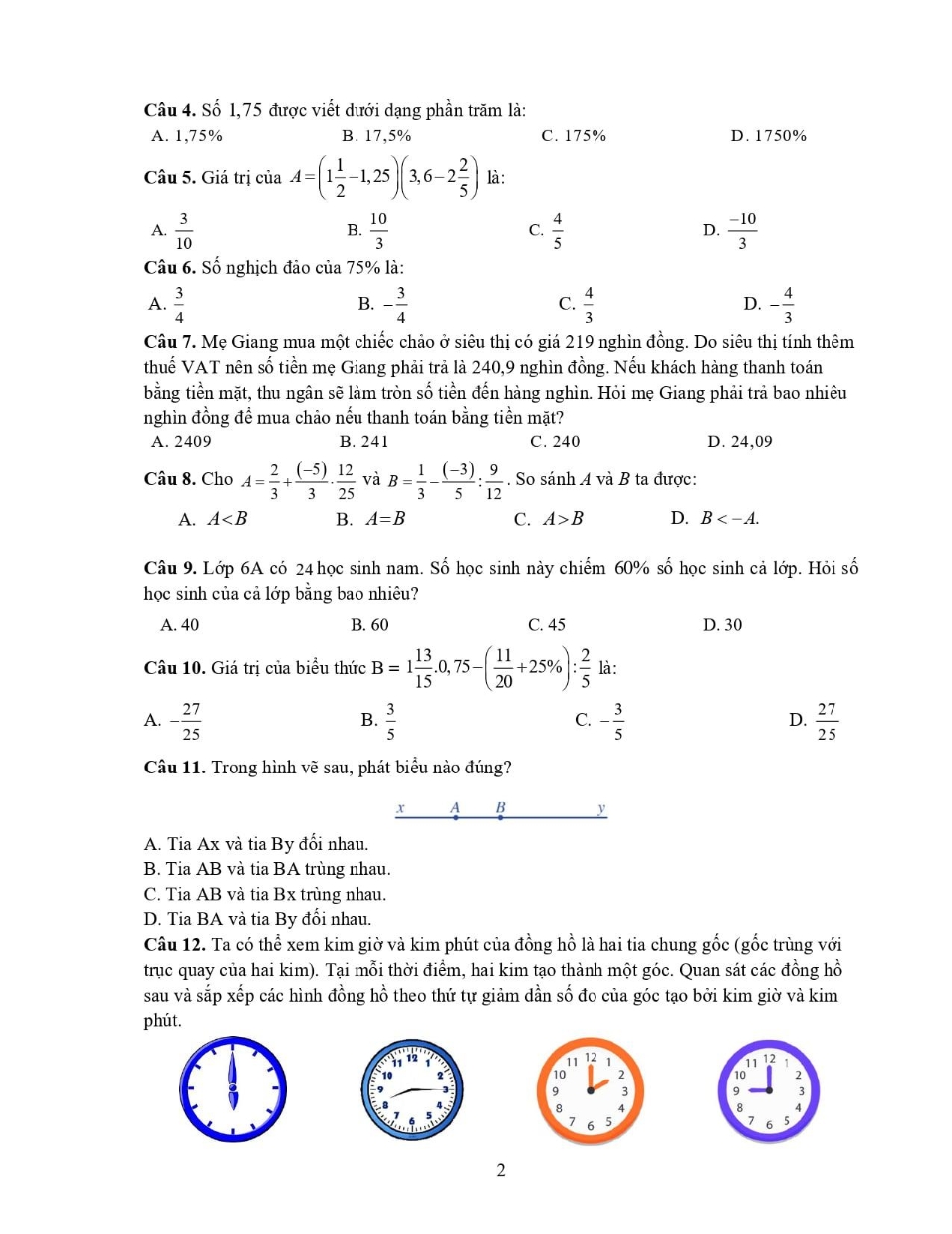 Đề cương ôn tập học kì 2 Toán 6 Trường THCS & THPT Nguyễn Tất Thành năm 2021 - 2022