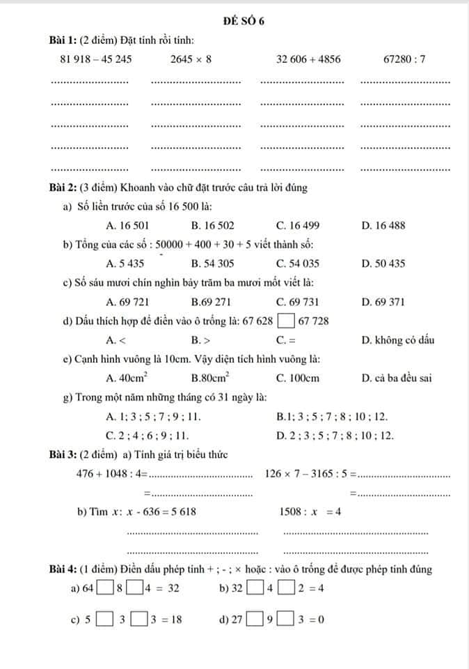 Đề ôn tập Toán lớp 3 kì 2