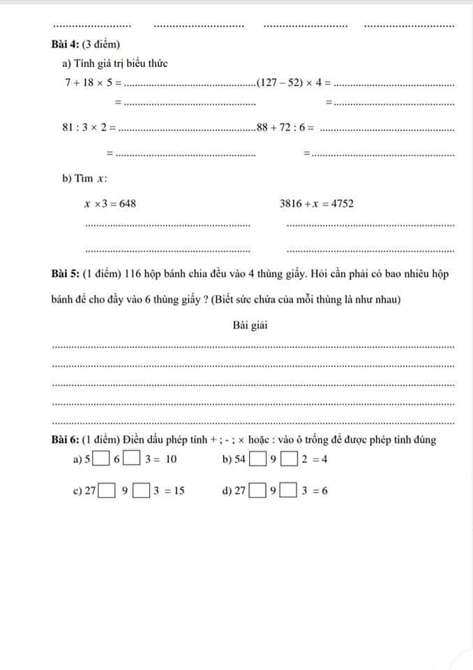 Đề ôn tập Toán lớp 3 kì 2