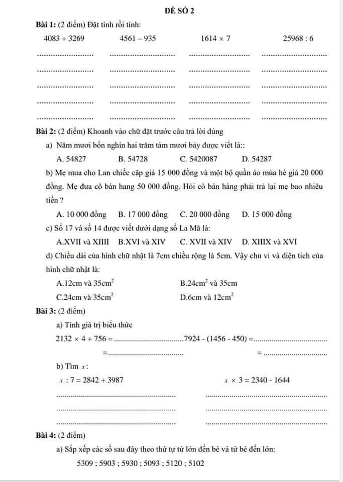 Đề ôn tập Toán lớp 3 kì 2