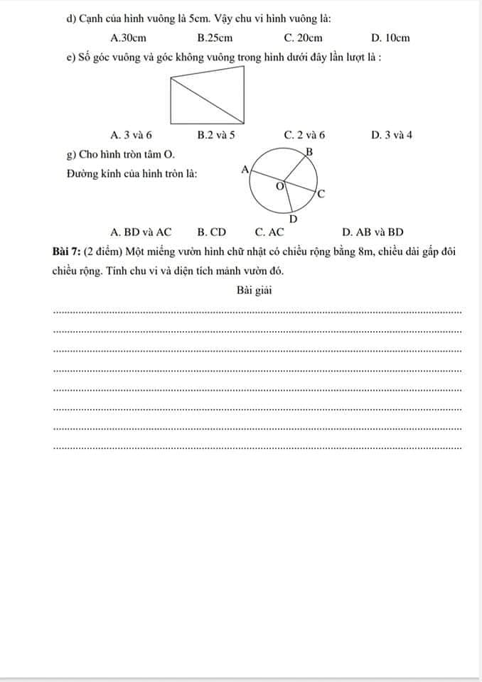 Đề ôn tập Toán lớp 3 kì 2