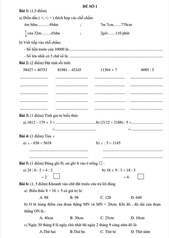 Đề ôn tập Toán lớp 3 kì 2