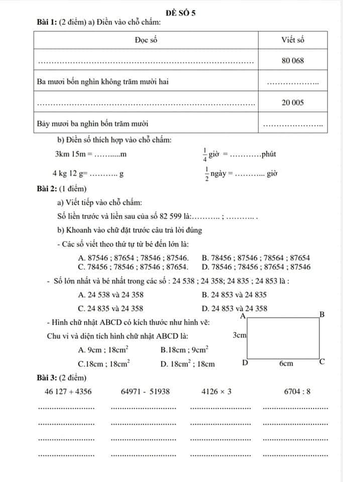 Đề ôn tập Toán lớp 3 kì 2