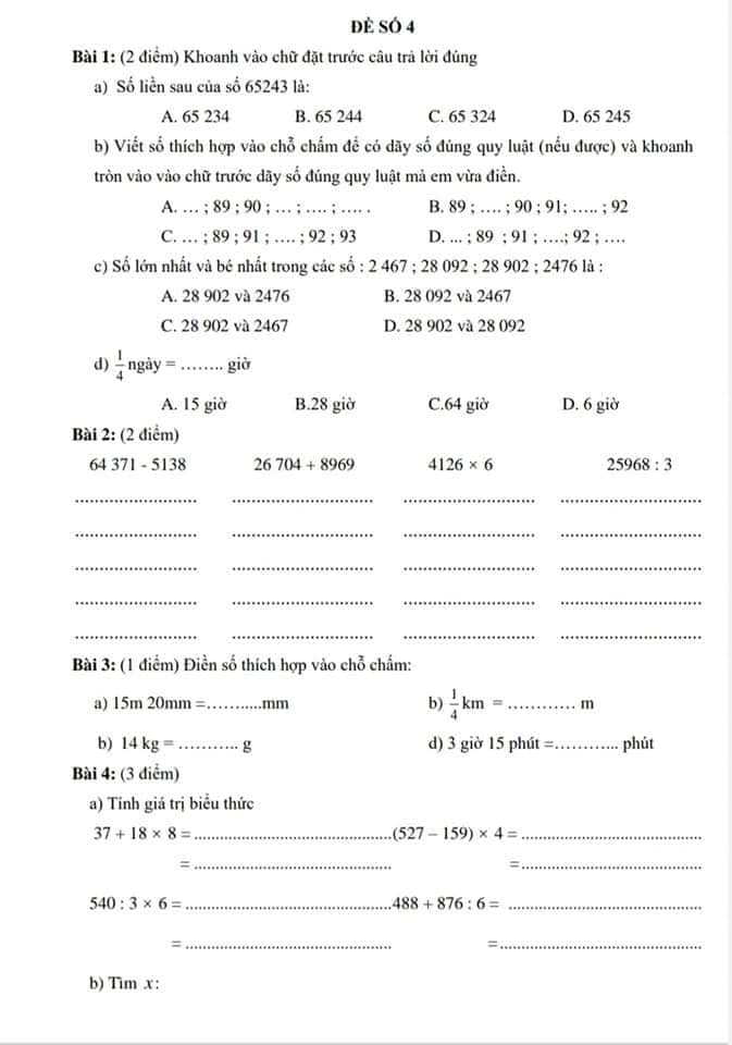 Đề ôn tập Toán lớp 3 kì 2