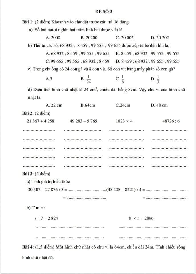Đề ôn tập Toán lớp 3 kì 2