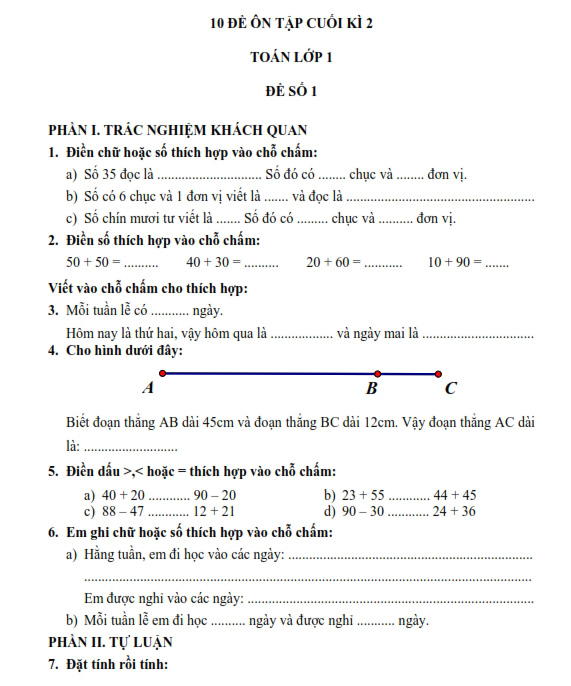 10 Đề Cương ôn Thi Học Kì 2 Môn Toán Lớp 2 Đề ôn Tập Cuối Kì 2