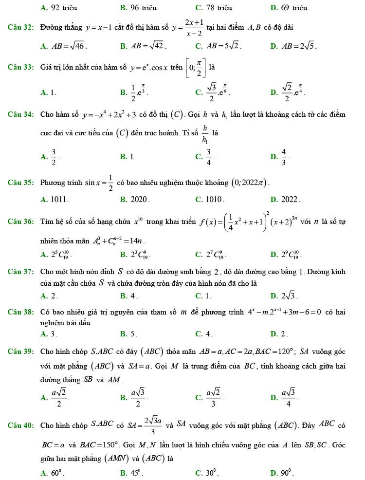 Đề thi thử THPT Quốc gia 2022 môn Toán Chuyên Lam Sơn - Thanh Hóa (lần 1)