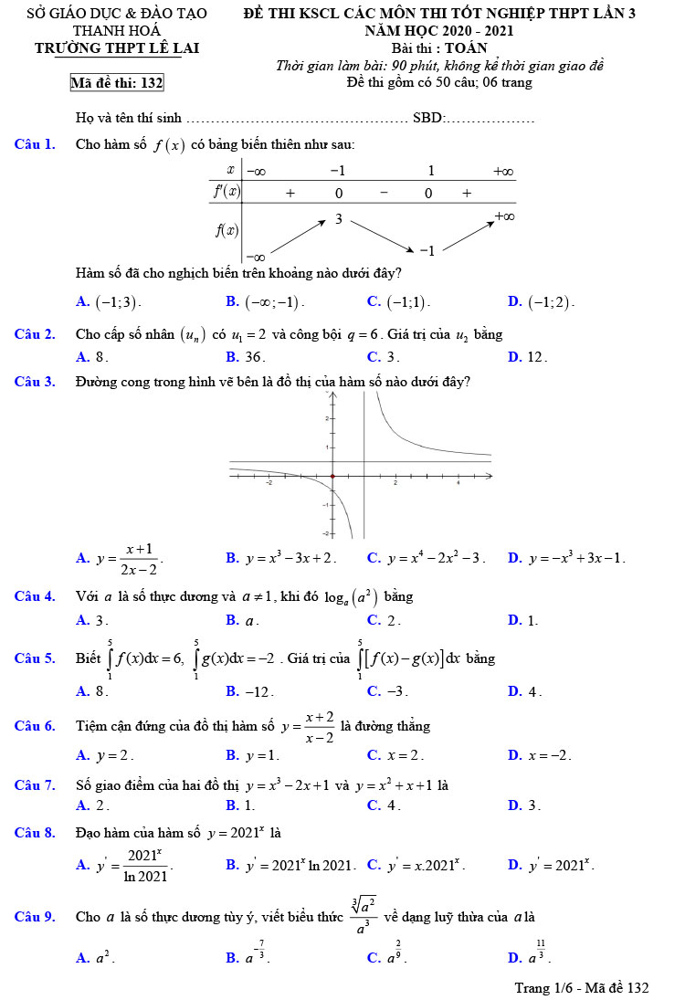 Đề thi thử THPT Quốc gia 2022 môn Toán Lê Lai - Thanh Hóa (lần 3)
