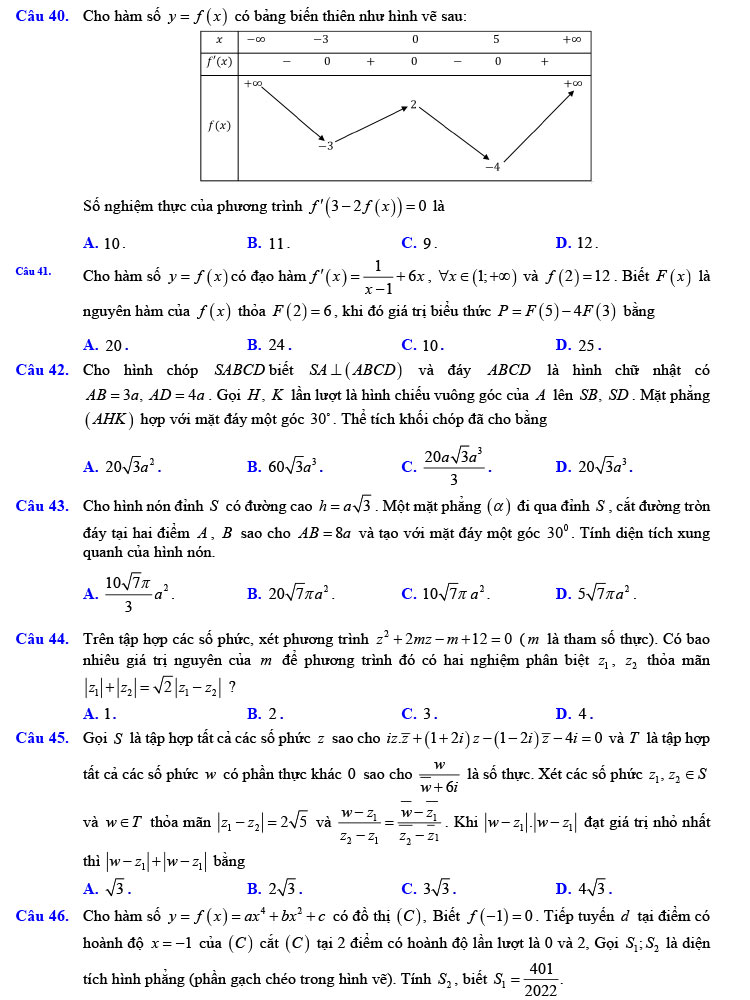 Đề thi thử THPT Quốc gia 2022 môn Toán Trường THPT Nho Quan A