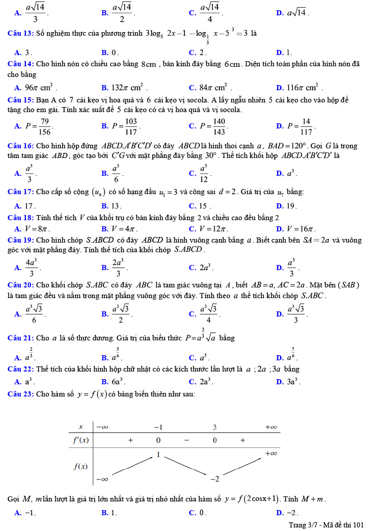 Đề thi thử THPT Quốc gia 2022 môn Toán Trần Phú lần 2