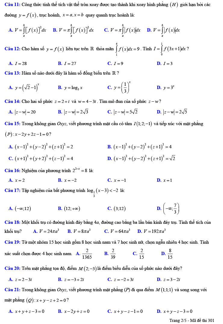 Đề thi thử THPT Quốc gia 2022 môn Toán Lương Tài - Bắc Ninh (lần 3)