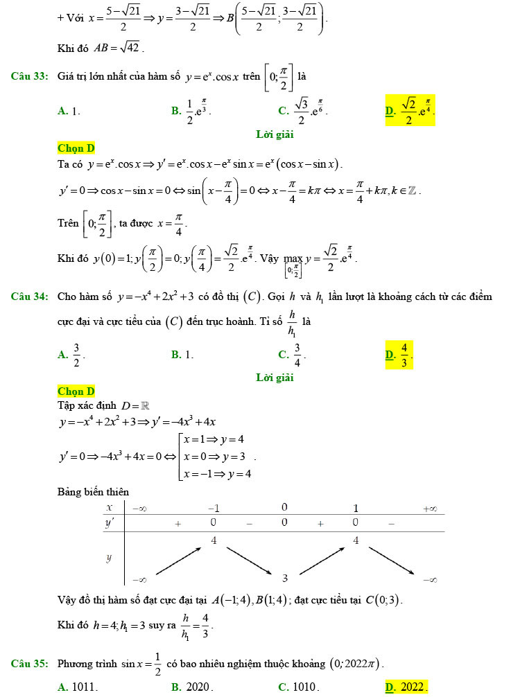 Đáp án chi tiết đề thi thử toán 2022 lần 1 chuyên Lam Sơn