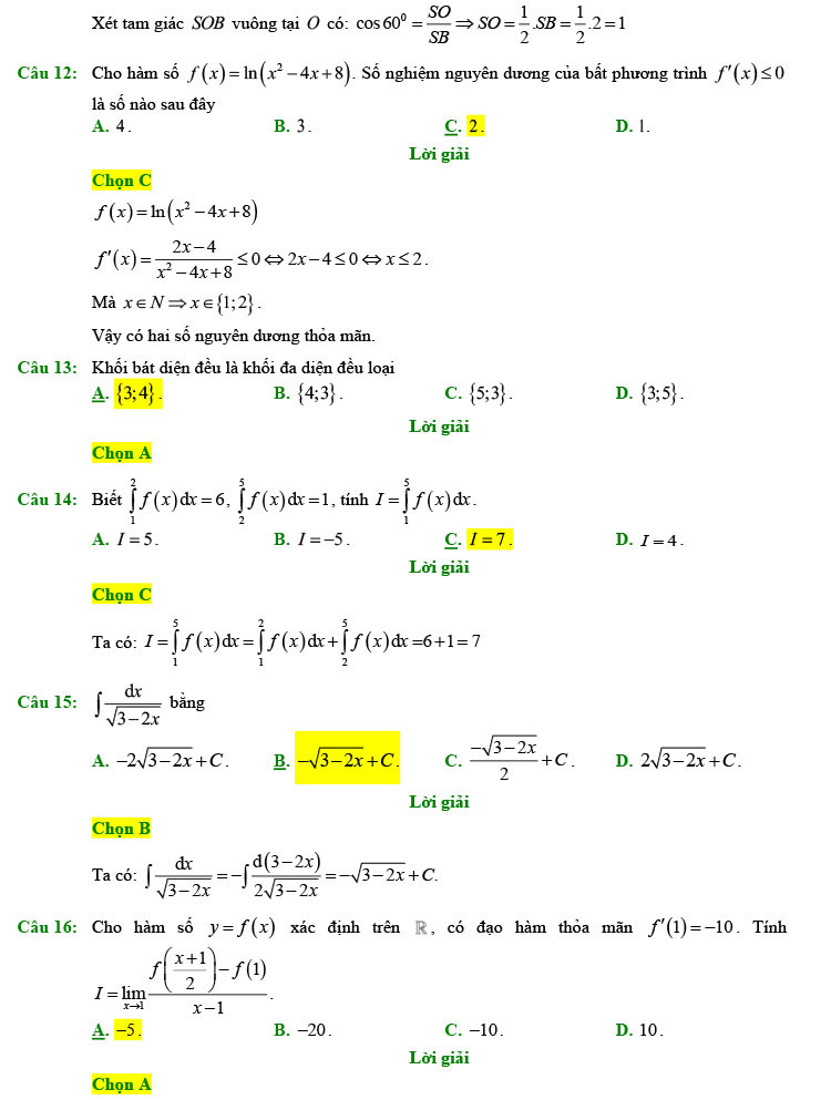 Đáp án chi tiết đề thi thử toán 2022 lần 1 chuyên Lam Sơn
