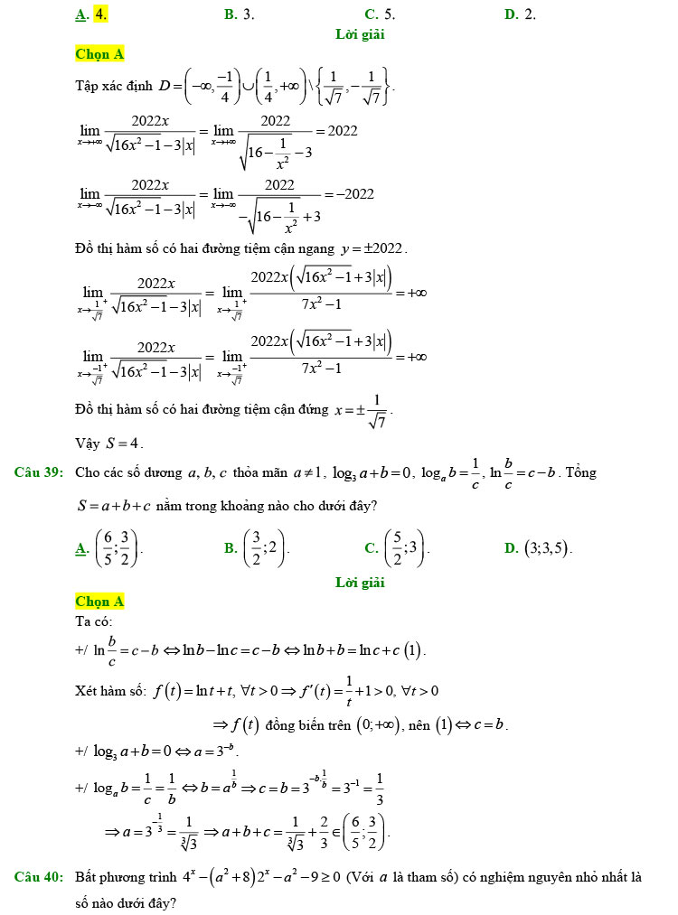 Đáp án đề thi thử Toán 2022 Xuân Đỉnh