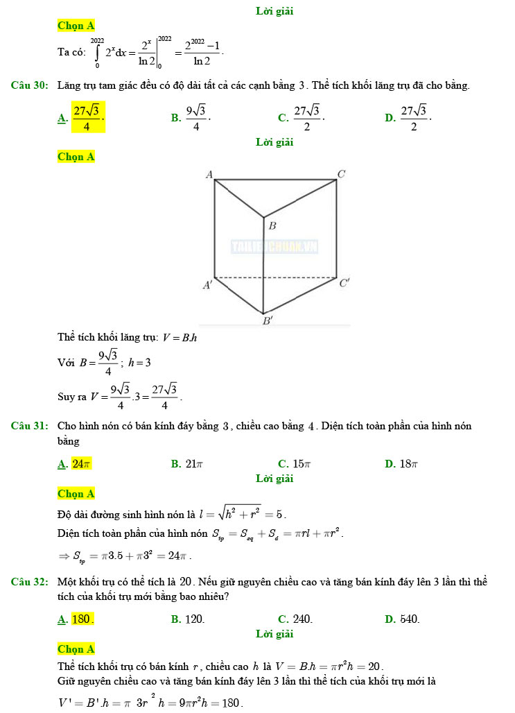 Đáp án đề thi thử Toán 2022 Xuân Đỉnh