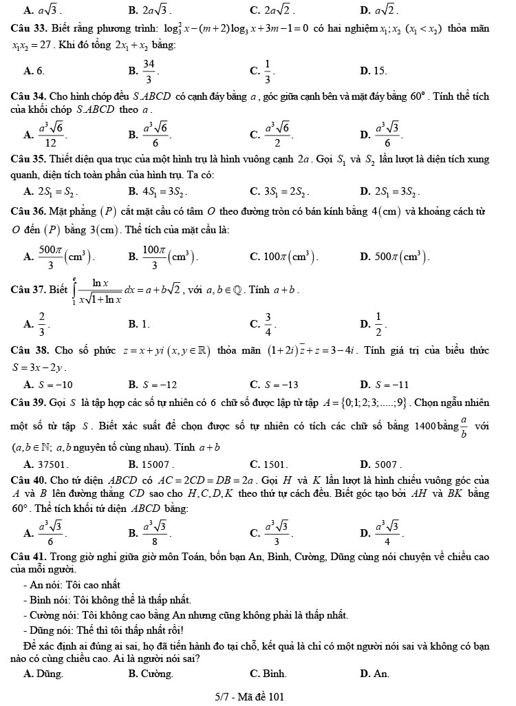 Đề thi thử THPT Quốc gia 2022 môn Toán cụm trường THPT Nghệ An